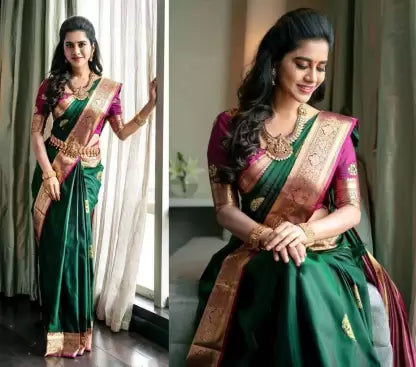 Women's Jacquard Pattern Kanjivaram Soft Silk Saree for Wedding by Vootbuy