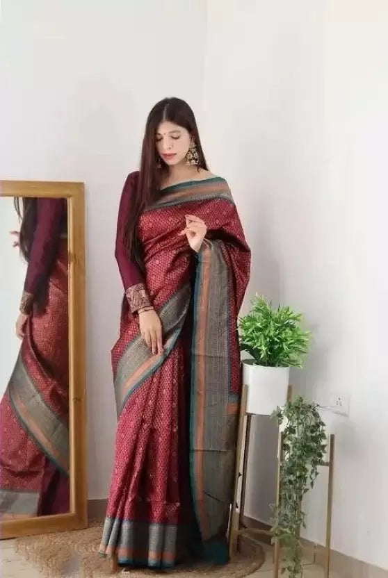 maroon printed kanjivaram jacquard saree