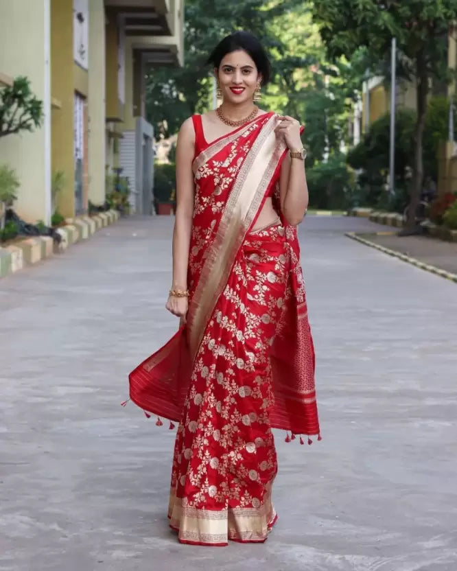 red heavy zari woven banarasi soft silk jacquard saree