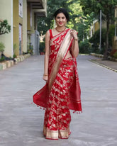 Red Heavy Zari Woven Banarasi Soft Silk Jacquard Saree by Vootbuy