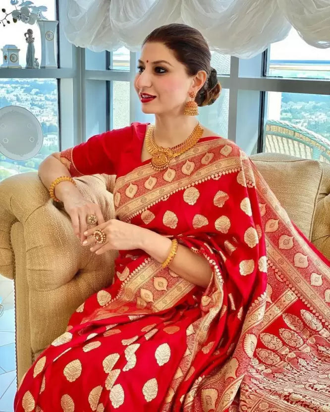 red woven bollywood silk blend saree