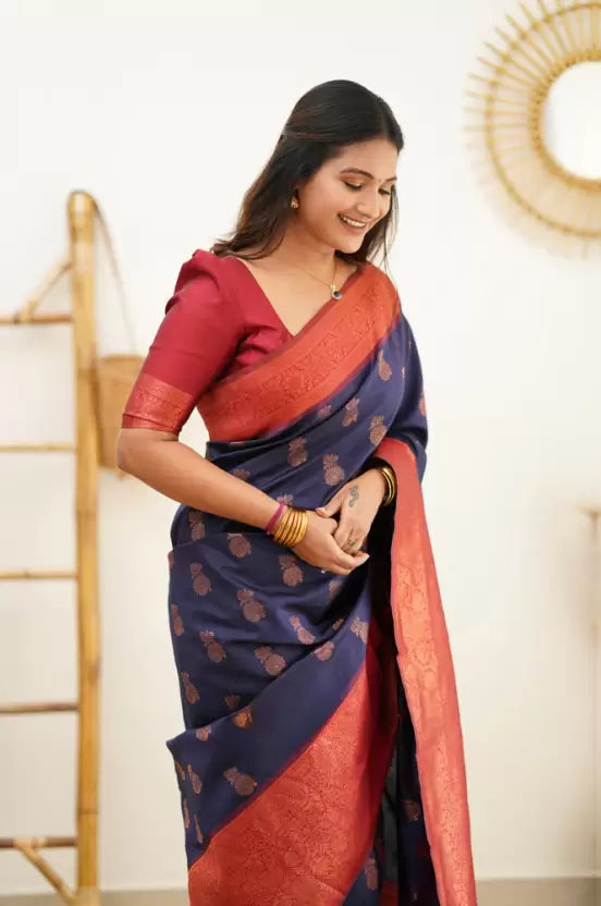 royal blue pure silk jacquard saree for wedding