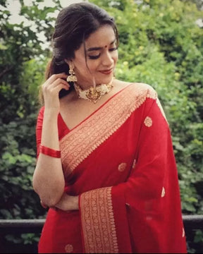 Red Color Floral Design Woven Kanjivaram Jacquard Silk Saree by Vootbuy