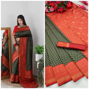 Golden Zari Weaving Design Kanjivaram Soft Silk Blend Saree - Vootbuy