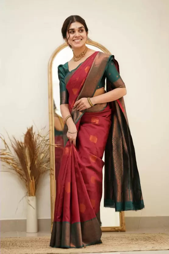 red zari weaving soft silk saree