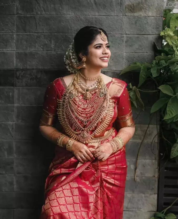 Red Color Self Design Zari Weaving Art Silk Saree for Wedding | Vootbuy