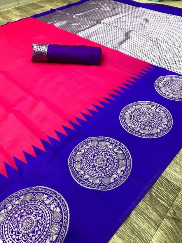 pink and blue soft kanjivaram silk saree
