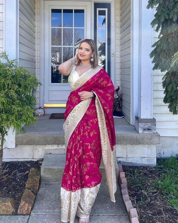 pink pure soft lichi silk flower print saree