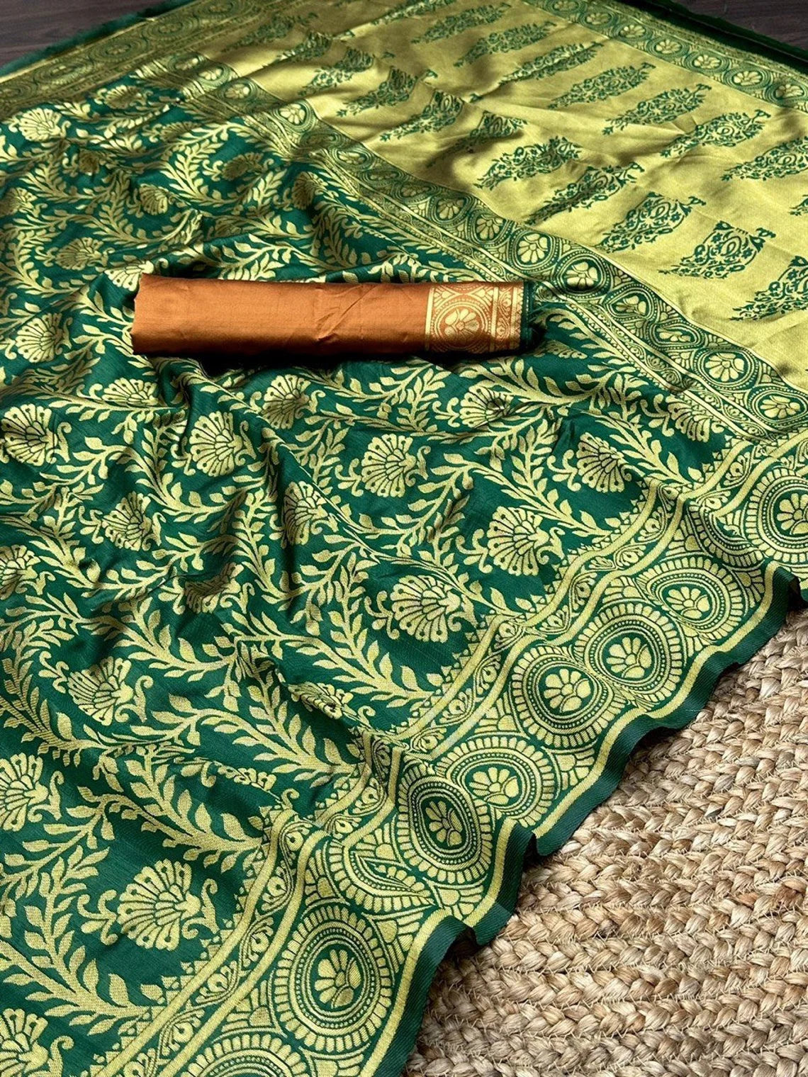 Dark Green Woven Design Soft Silk Banarasi Saree by Vootbuy