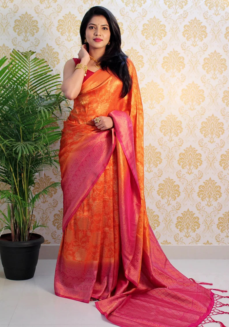 orange bollywood pure silk saree with zari weaving