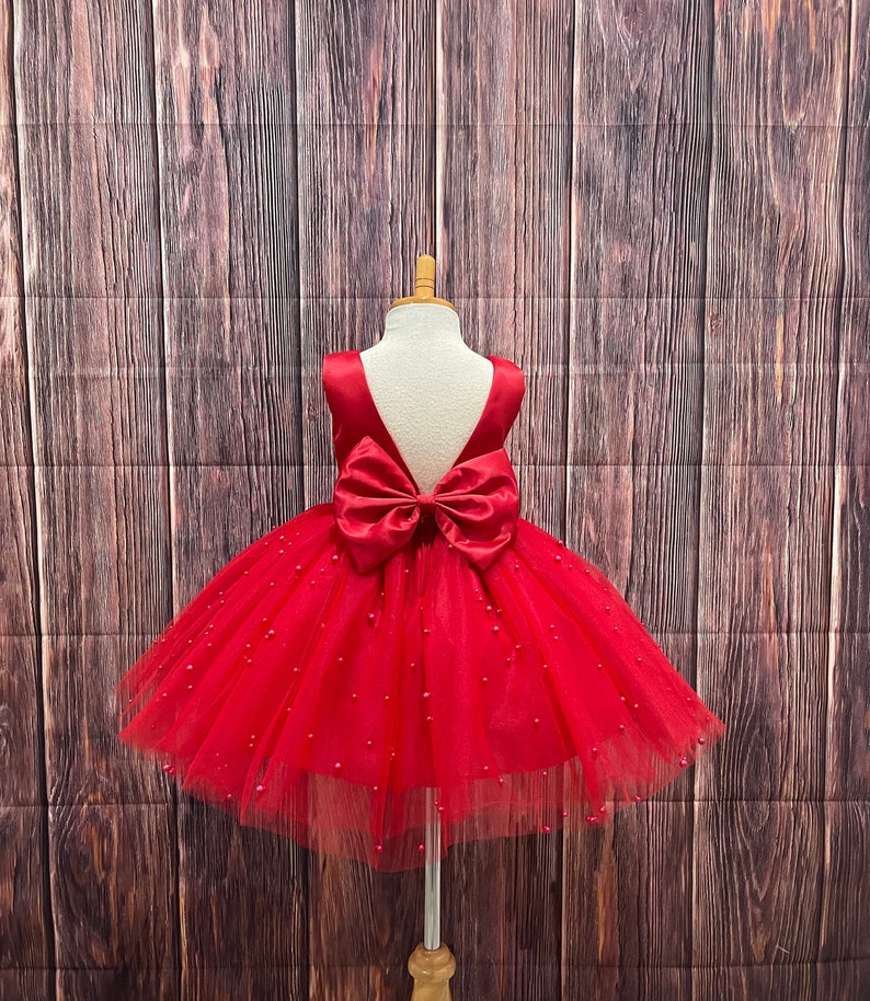 Girls Red Pearls V-Back Sleeveless Party Dress