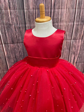 Girls Red Pearls V-Back Sleeveless Party Dress