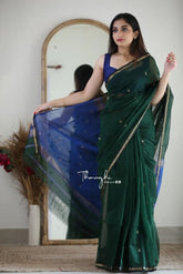 green attractive zari woven soft linen cotton saree