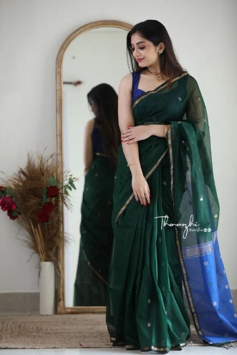 green linen silk saree for women