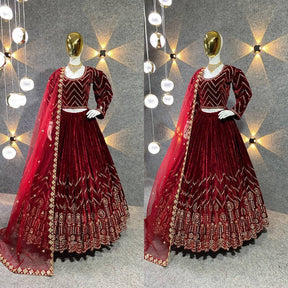Red Colour Embroidered Attractive Party Wear viscose Velvet Lehenga choli