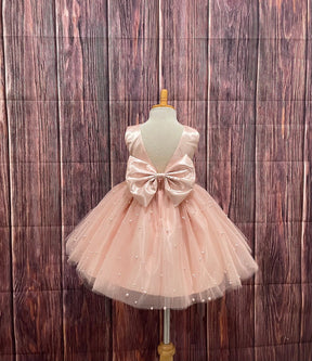 Girls Peach Pearls V-Back Sleeveless Party Dress