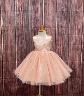 Girls Peach Pearls V-Back Sleeveless Party Dress