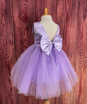 Girls Purple Pearls V-Back Knee-Length Party Dress