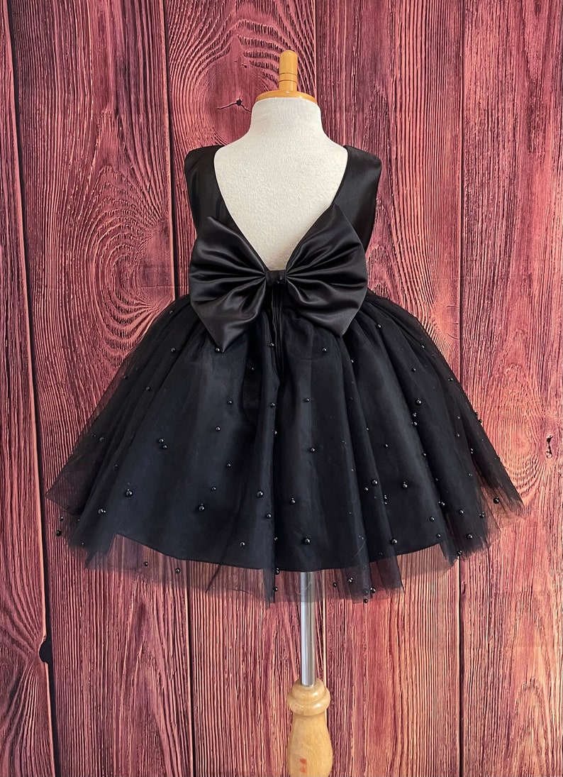 Girls Black Pearls V-Back Knee-Length Party Dress