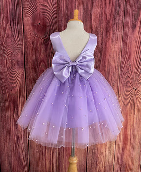 Girls Purple Pearls V-Back Knee-Length Party Dress