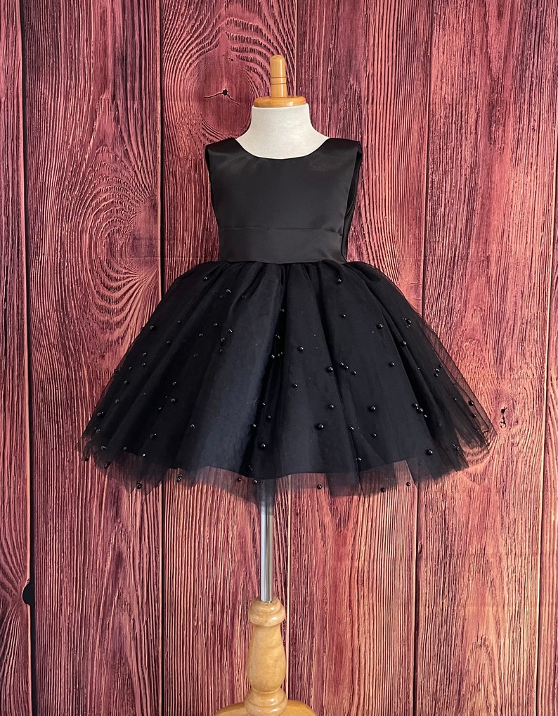 Girls Black Pearls V-Back Knee-Length Party Dress