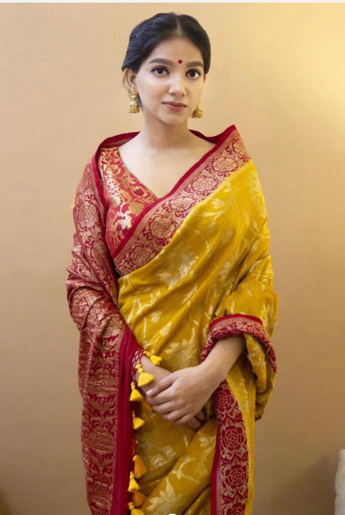 Women's Woven Design Printed Kanjivaram Jacquard Saree in Red & Yellow
