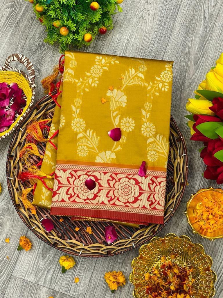 Exquisite Printed Woven Design Yellow Kanjivaram Jacquard Saree