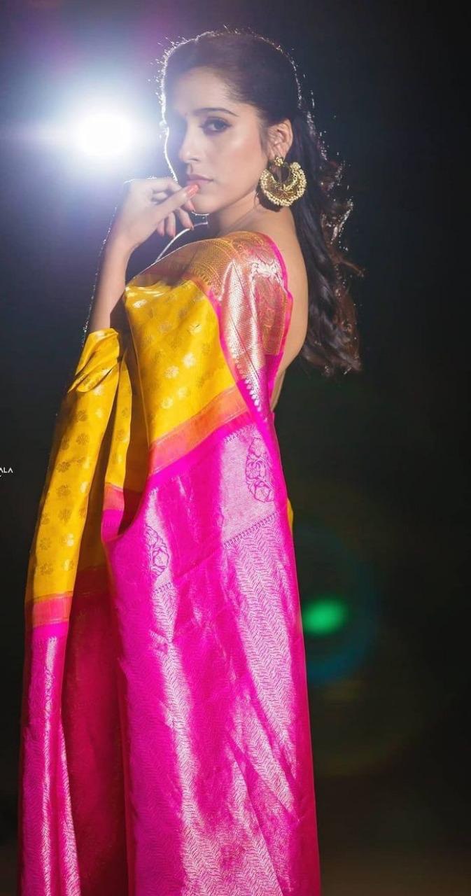 yellow chesta soft silk saree with woven design