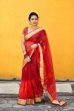 Casual Wear Red Color Satin Banglori Soft Organza Saree for Women