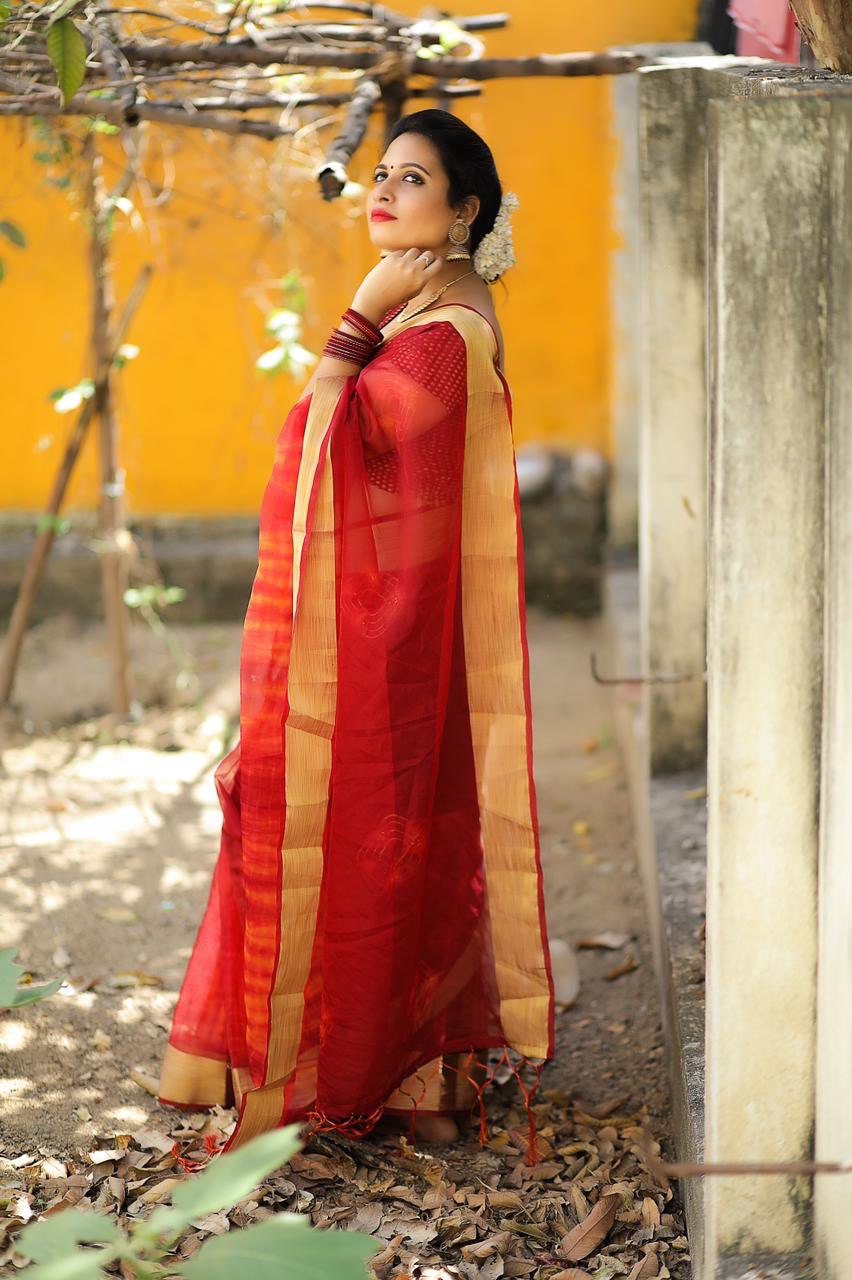 red satin organza saree