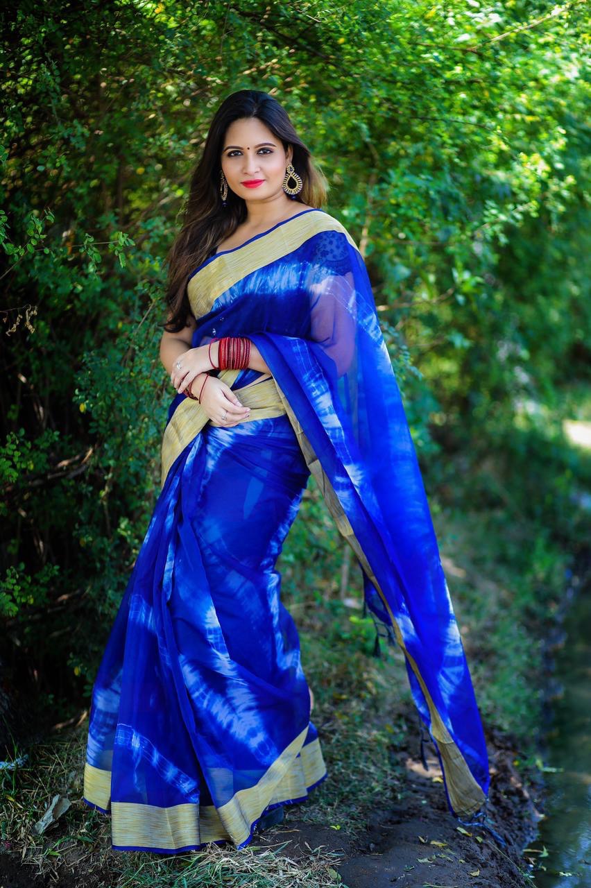 blue soft organza saree with jacquard weaving border