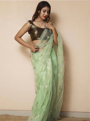 Pista Color Sequence Work Soft Net Saree with Silver Sequence | Vootbuy