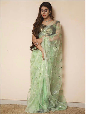 Pista Color Sequence Work Soft Net Saree with Silver Sequence | Vootbuy
