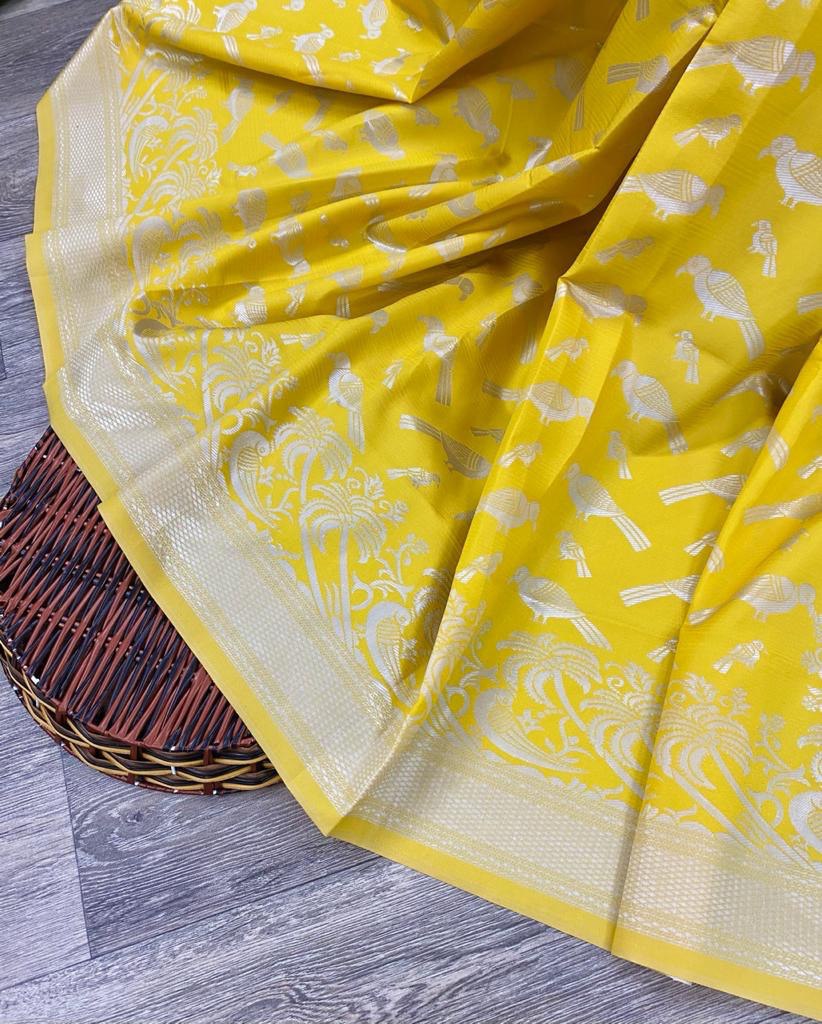 Designer yellow Color Pure Lichi Silk Zari Design Saree by Vootbuy