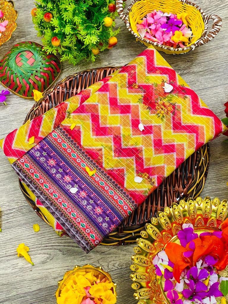 yellow and red zingzag border saree