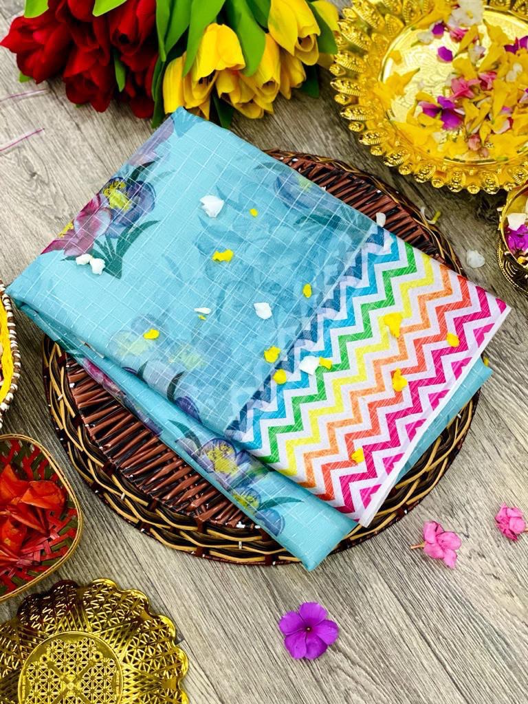 sky blue organza chex design saree