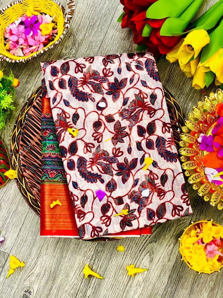Women's Linen Fabric Kalamkari Digital printed Saree with Zari Border