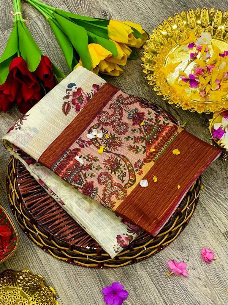 Women's Linen Fabric Kalamkari Digital printed Saree with Zari Border