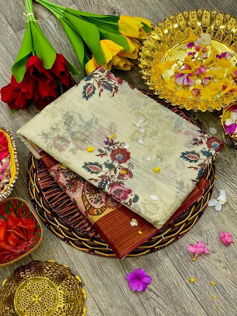 linen fabric kalamkari digital printed saree with zari border