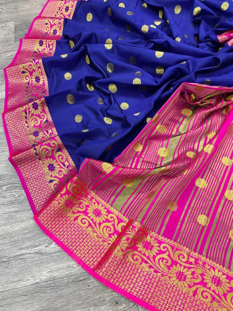 blue pure golden zari weaving butta design paithani saree