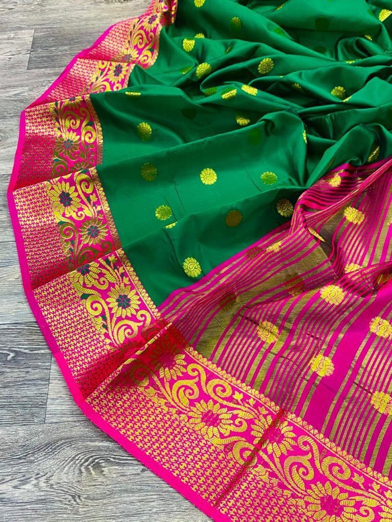 green pure golden zari weaving butta design paithani saree