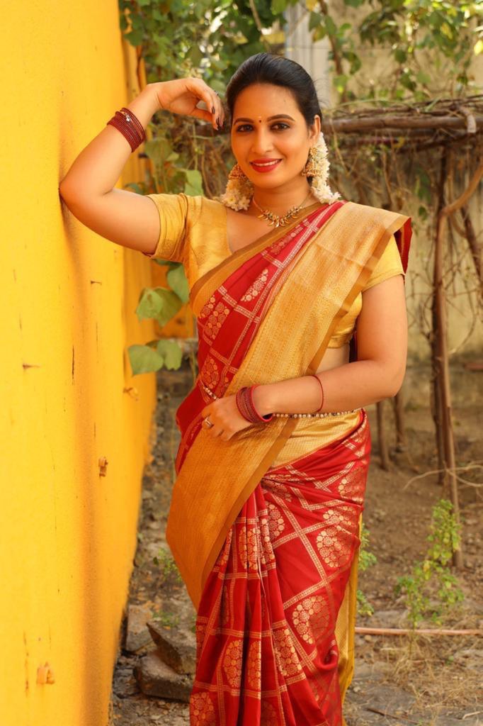 Wine Red Georgette Ruffle Banarasi Silk Saree with Intricate Design