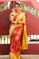 Crimson Red Georgette Ruffle Banarasi Silk Saree