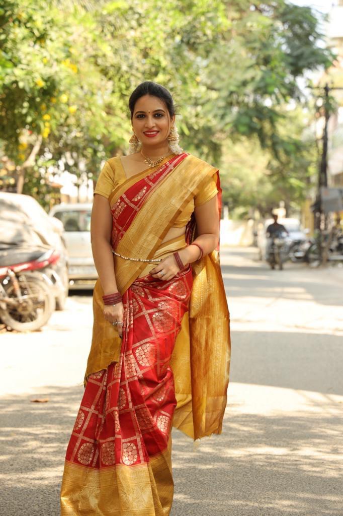 Burgundy Red Ruffle Banarasi Silk Saree with Georgette Fabric