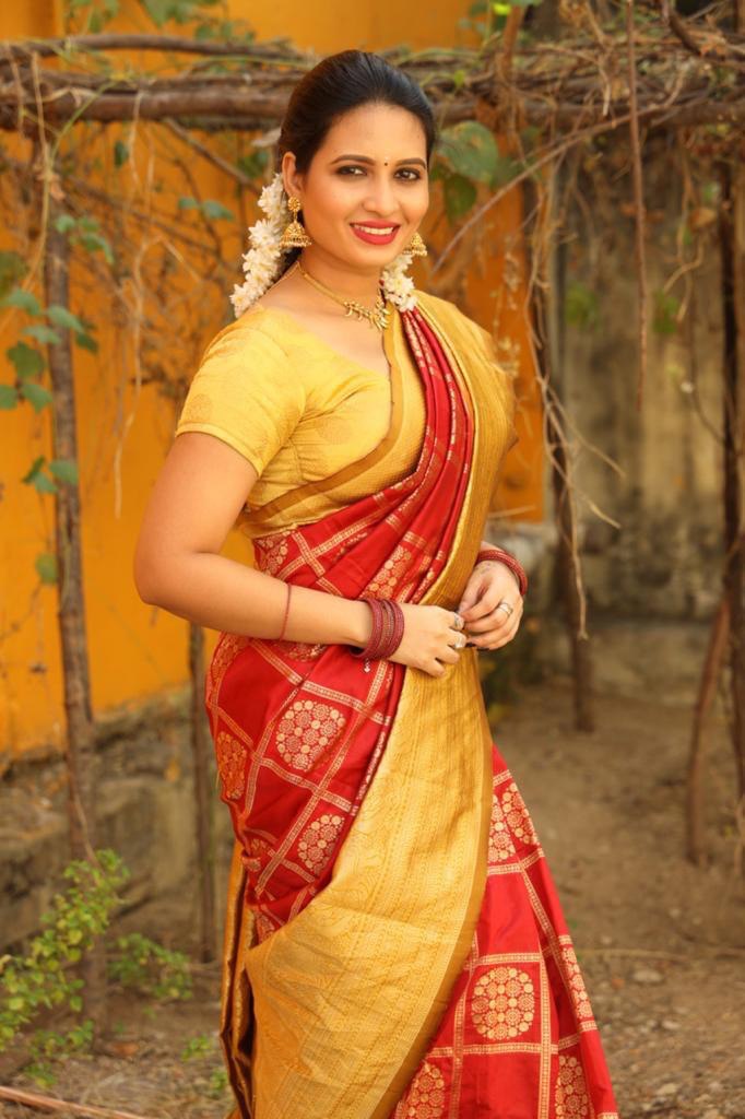Ruby Red Georgette Banarasi Silk Saree with Ruffled Border