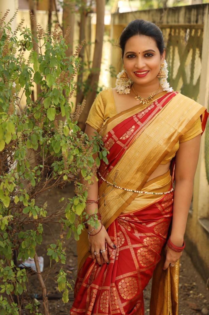 Scarlet Red Ruffle Georgette Banarasi Silk Saree