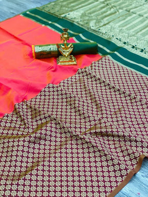 Shiny Orange Color Zari Woven Soft Kanchipuram Lichi Silk Saree