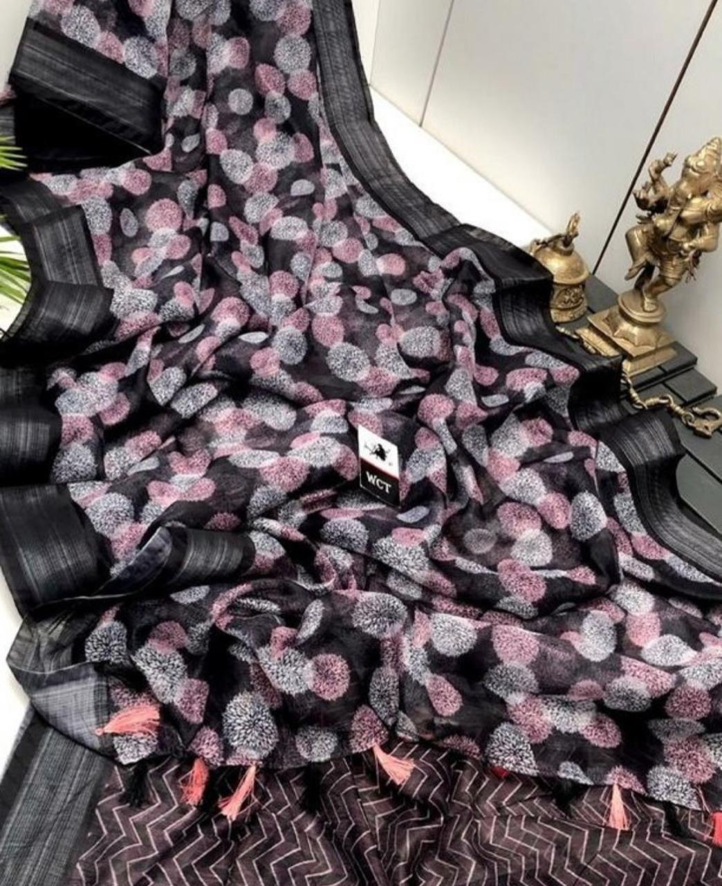 black linen silk saree for women