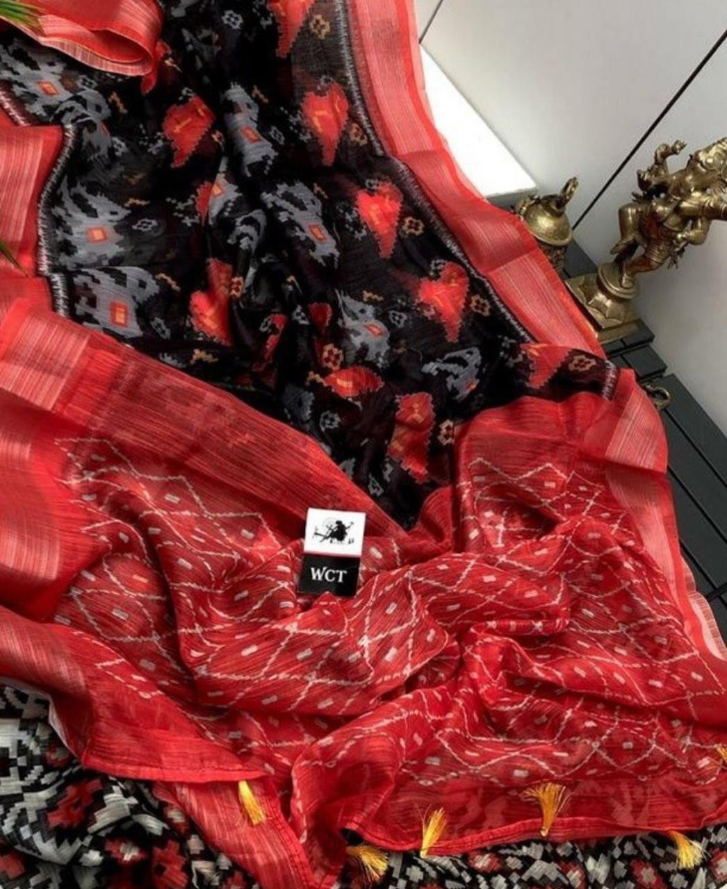 red linen silk saree