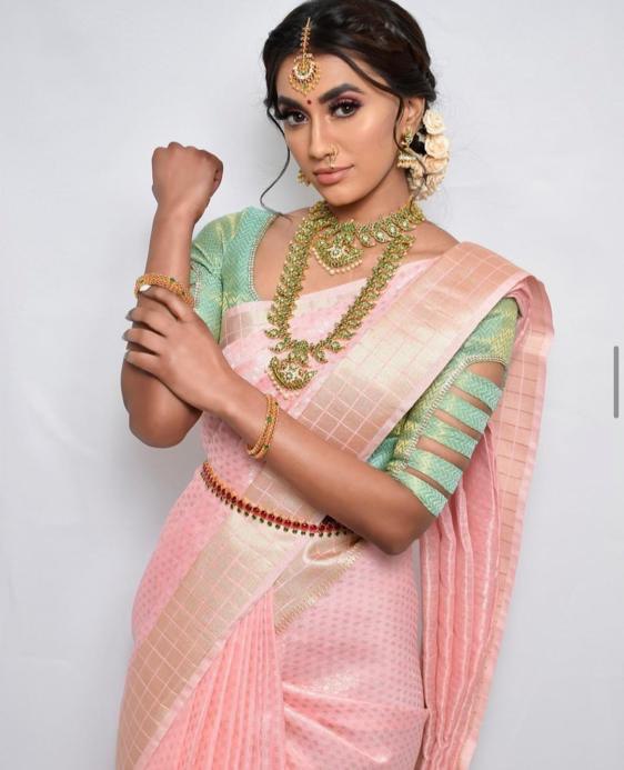 Light Pink Heavy Zari Weaving Soft Silk Saree for Women by Vootbuy